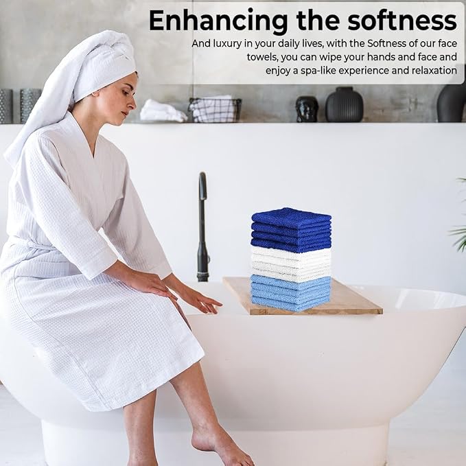 QUBA LINEN 100% Cotton Washcloth Set – Soft, Absorbent Face Towels for Bathroom & Gym Use – Durable & Reusable Wash Cloths - (Blue, White and Navy (12x12), (Pack of 12)
