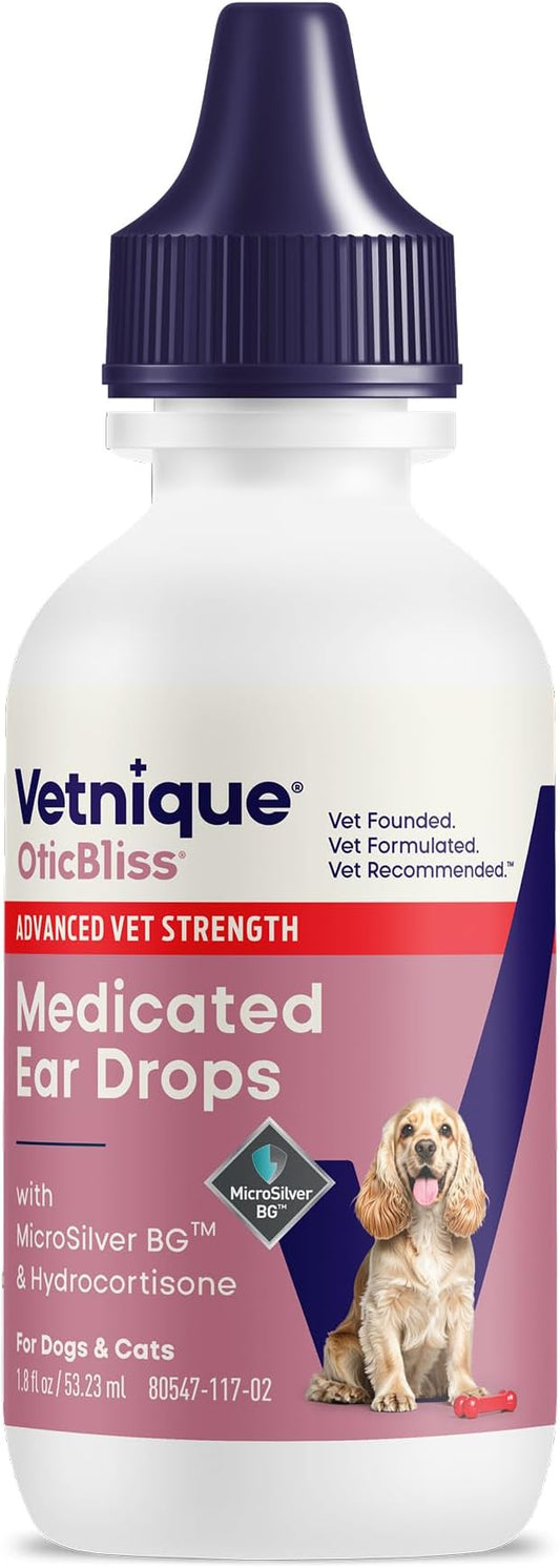 Vetnique Oticbliss Dog Ear Infection Treatment for Dogs & Cats, Otic Ear Solution with 0.2% MicroSilver BG and 1% Hydrocortisone, Medicated Drops for Yeasty Odor, Discharge, Redness, Swelling