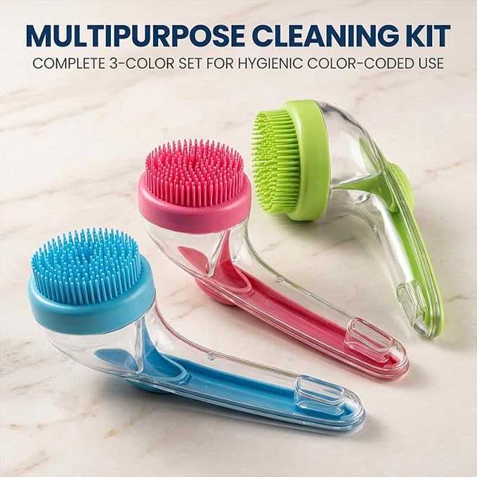 Dog Bath Brush with Shampoo Dispenser Silicone Pet Washing Scrubber & Massage Comb, Extended Handle, Soft Thick or Fine Bristles Grooming Supplies for Dogs & Cats (Pink, Fine Bristles)