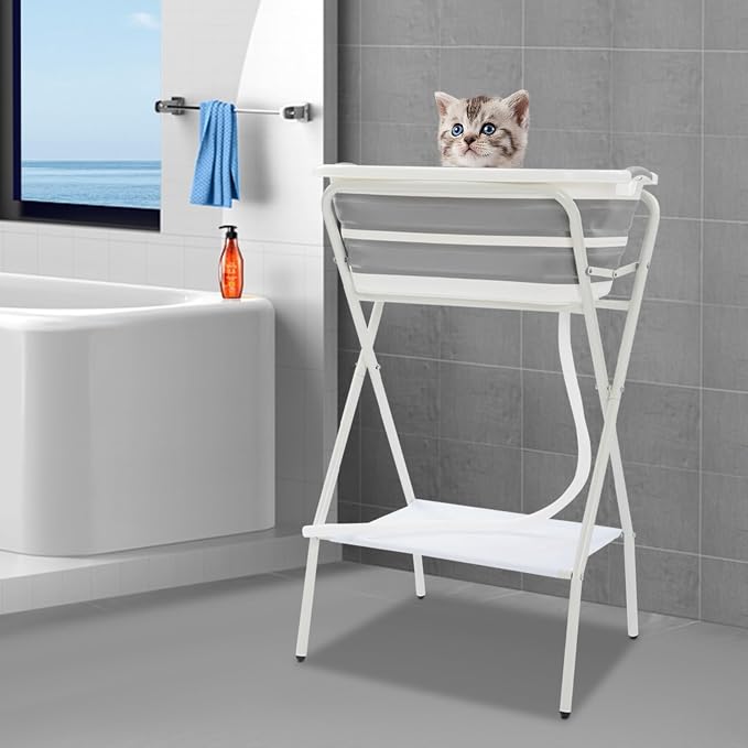 Foldable 2 in 1 Pet Bathtub with Stand, 38.8" Elevated Dog Bath Tub for Small Pets, Portable Grooming Station w/Drain Hose & Safety Belt, Small Dogs Cats Pet