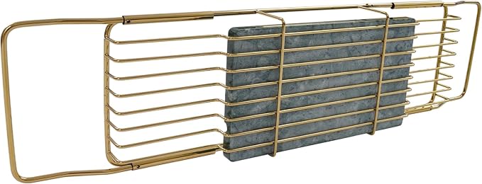 Expandable Bathtub Tray – 26.77" to 35.43" Adjustable Bathtub Caddy | with Natural Marble Board, Raised Guardrails, Tablet/Phone Stand – Home Spa Accessory for Bath, Holds 44 lbs (Gold + Green)