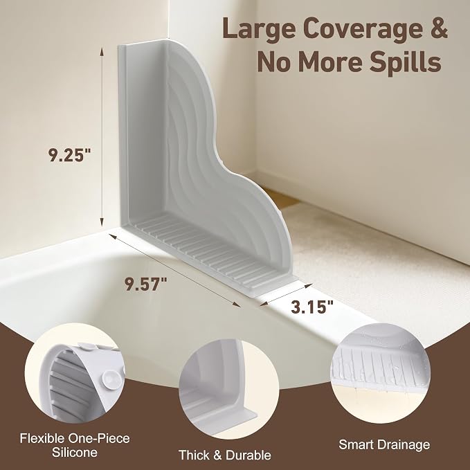 Antner 2 Pack All-Silicone Shower Splash Guard with Strong Suction Cups | Large, No-Adhesive, Reusable Splash Guard for Bathtub, Corner Shower Water Guards to Keep Water in Shower or Bath, Grey