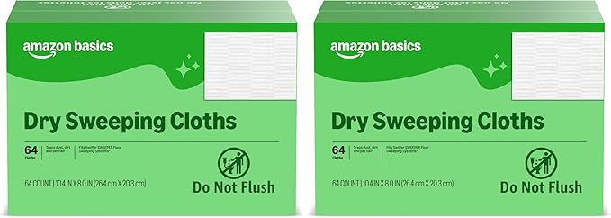 Amazon Basics Dry Sweeping Cloths for Floor Cleaning, Pet Hair, Dust, Dirt, Multi-Surface, Disposable, Fits Swiffer Sweeper Mop Heads, 64 Count (Pack of 2), Packaging May Vary