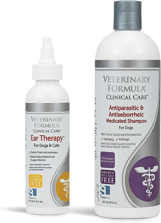 Veterinary Formula Clinical Care Ear Therapy for Dogs & Cats and Antiparasitic & Antiseborrheic Medicated Dog Shampoo Bundle