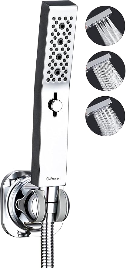 G-Promise All Metal 3 Function Handheld Shower Head Build-in Massage Mode, with 70 Inch Stainless Steel Shower Hose Extra Long and Dual Purpose Hand Held Holder, Slide Adjustment Mode, Chrome