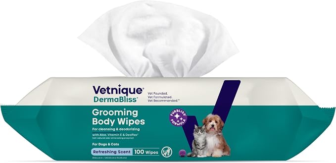 Vetnique Furbliss/Dermabliss Pet Wipes for Dogs & Cats for Grooming, Cleansing & Deodorizing, Thick Dog Wipes for Convenient Dog Cleaning with Natural Deodorizer, 100ct (NEW Refreshing Scent)