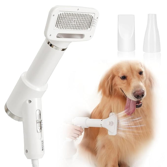 Portable Dog Hair Dryer with Brush – 300W, 3 Heat Settings, Professional, Overheat Protection for Small Medium Pets