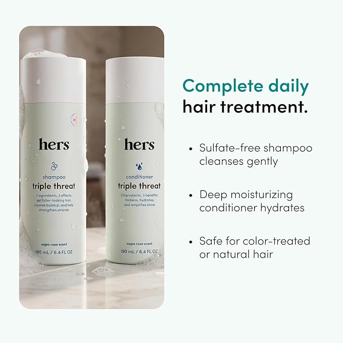 hers Triple Threat Shampoo & Conditioner Set - Biotin, Saw Palmetto, & Pumpkin Seed Oil Formula - Thickens & Hydrates - Color-Safe, Paraben-Free, Vegan - Napa Rose Scent - 6.4 Fl Oz, 2 Count