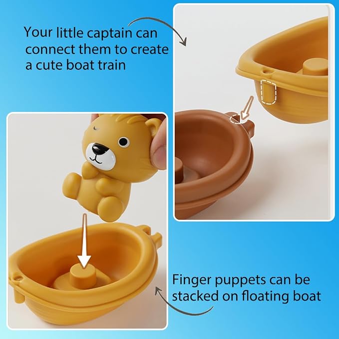 Baby Bath Toy Stackable Infant Bathtub Toys Stacking Floating Boat Train with Animal Finger Puppets Bath Toy Silicone Hand Puppet Educational Beach Toys for Babies Toddlers Party Favors