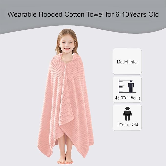 VOOVA & MOVAS Hooded Bath Towels for Kids | Soft Absorbent 100% Cotton Thick Towel Wrap | Versatile Beach, Pool, Swim & Bath Cover-Up | Light Pink Solid Waffle