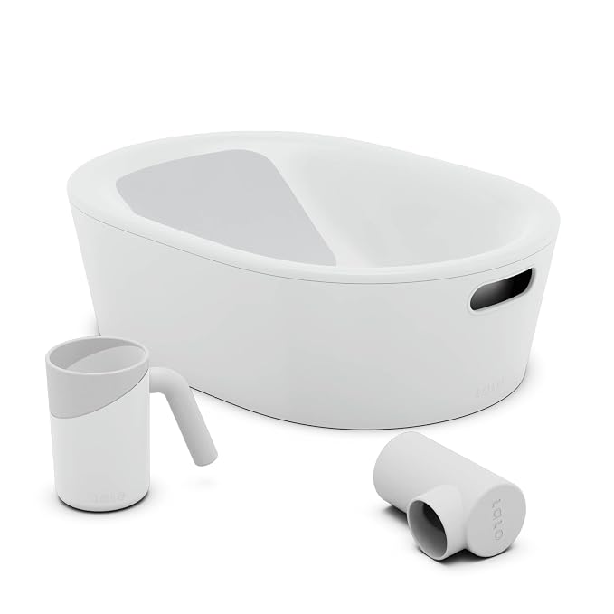 Lalo Bathtime Starter Kit - 3-Piece Set Includes Modern Baby Bathtub, Rinse Cup & Spout Cover - Safe, Easy to Clean Design for Newborns - 25.3 x 18 x 7.7 in, 10 lb - Coconut