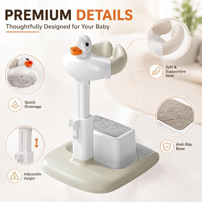 Baby Bath Stand with Built-in Seat - Duck Design - Anti-Slip Base - Baby Shower Stand for Sitting or Standing (Gray)