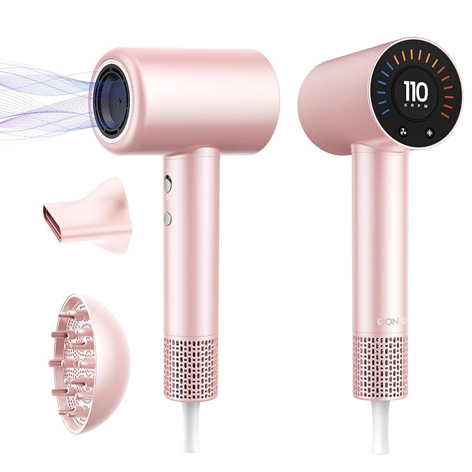 CONFU Hair Dryer, 110000 RPM Fast Drying Blow Dryer with Magnetic Diffuser and Concentrator, Professional Lightweight Ionic Hair Dryer for Women and Men Pink