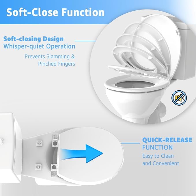 Huttdmel Toilet Seat Round 16.5 Inch & Quick Release - Quick Connect, Standard Toilet Lid Soft Close, PP Material Safe & Easy Clean and Install, Sturdy Accessories Never Loosen, White Plastic