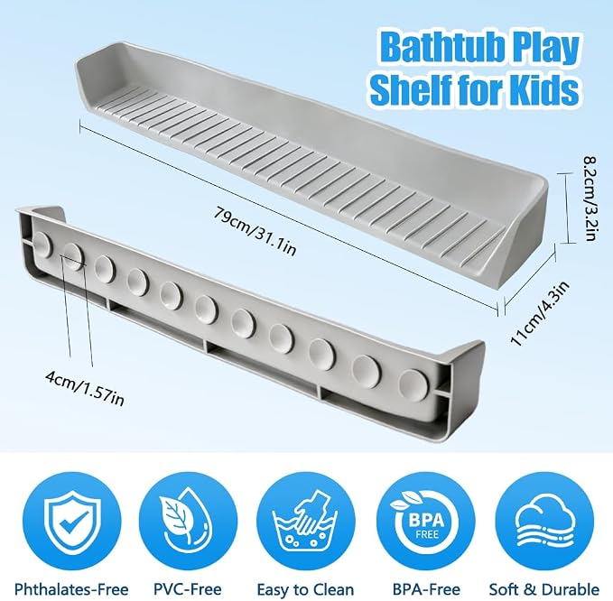 Splash Guard for Bathtub, Silicone Bathtub Tray for Kids with 11 Suction Cups, Bathtub Edge Water Guard, Prevent Water Spills, Toy Storage Shelf for Toddlers & Babies Bath Time(2.6FT, Grey)