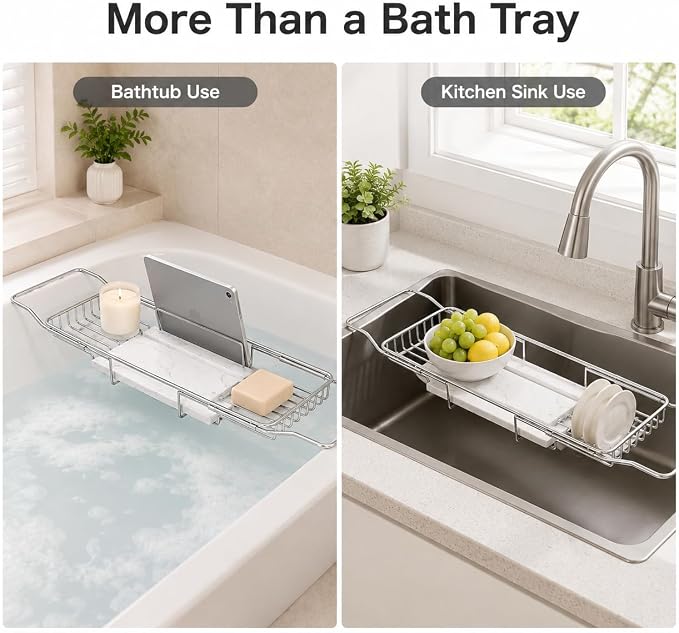 Expandable Bathtub Tray, Stainless Steel Bath Table Tray with Marble Board, Modern Luxury Bathtub Shelf for Bathrooms, Kitchen Sink (Silver+White)
