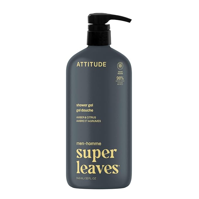 ATTITUDE Shower Gel Body Wash for Men, 98% Natural Origin Ingredients, Paraben & Phthalate Free, EWG Verified, Cleanses Without Drying, Amber & Citrus, 32 Fl Oz