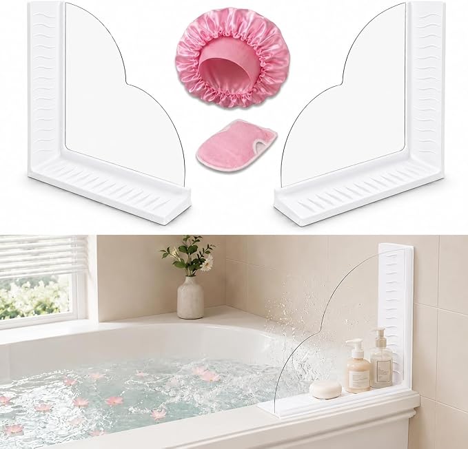 No-Adhesive 2-Pack Acrylic Silicone Bathtub Splash Guard,Tall & Flexible Shower Water Blocker with Strong Suction Cups,Reusable, Keeps Water in, Ideal for Family,Rentals&Pet Bathrooms (pearl white)