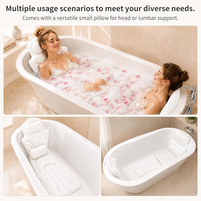 58" Full Body Bath Pillow for Two, Bath Tub Pillows for Head and Neck, Waist, Back Support, 6D Air Mesh Luxury Bathtub Cushion for Soaking Tub, Bathtub Accessories for Relaxing Spa