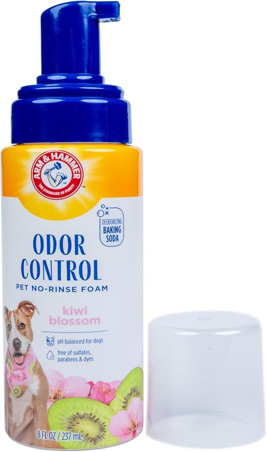 Arm & Hammer for Pets Odor Control No-Rinse Foam Dogs Kiwi Blossom Scent Waterless Baking Soda Deodorizer pH Balanced 8 FL OZ Sulfate-Free