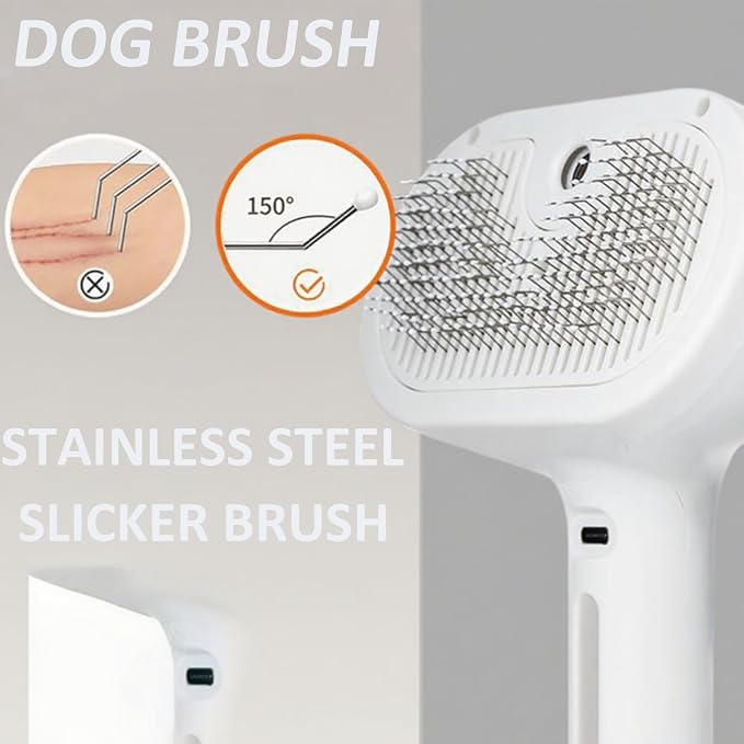3-in-1 Self-Cleaning Steamy Pet Brush for Dogs & Cats, Fresh Fur Shower Brush That Removes Loose Hair, Reduces Shedding, Grooming Tool for Long & Short Hair, Wet or Dry Use (White)