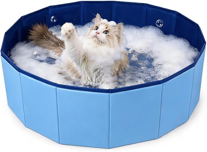 Cat Bath Tub, Foldable Cat Bath Pool with Water Drain Plug, Space Saving Pet Bathtub for Pet Puppy Dogs Cats, Easy to Clean, Can be Used Indoors or Outdoors