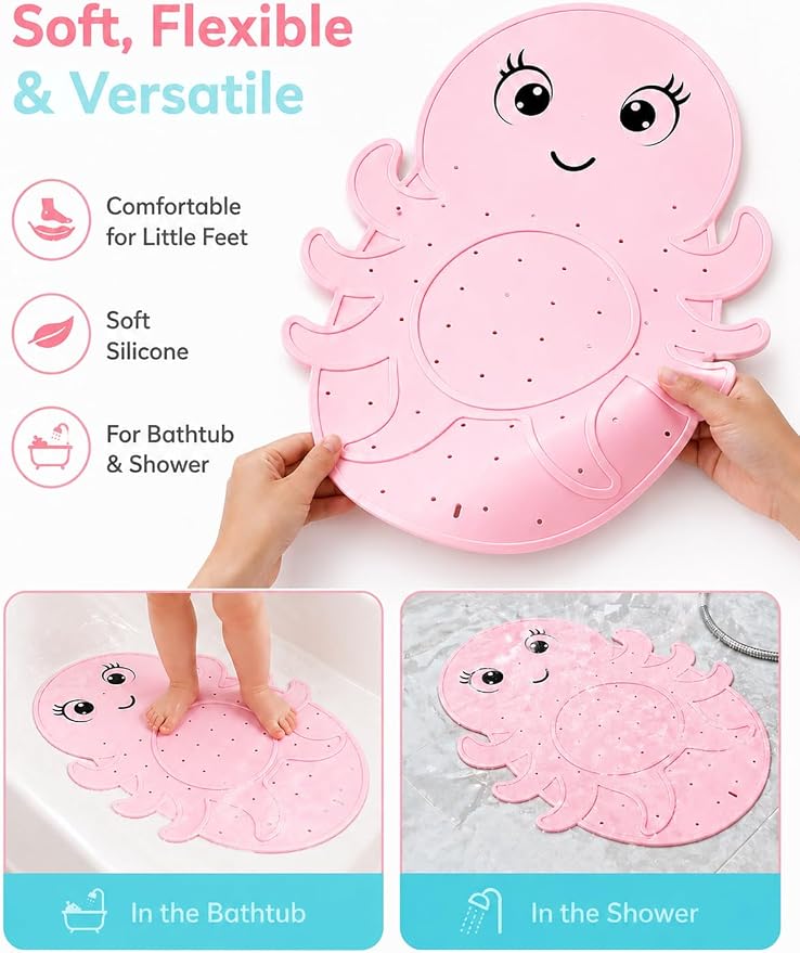 Kids Bathtub Mat Non Slip, Soft Silicone Octopus Baby Bath Mat for Tub, Toddler Bath Mat with Large Suction Cups, Washable Anti Slip Shower Mat for Children, Smooth Tub Surface Only