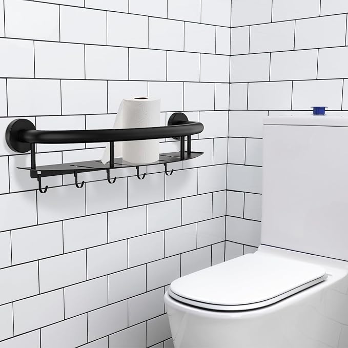 Black Shower Grab Bar Shelf 18 Inch, Zepolu Stainless Steel Shampoo Shelf Grab Bar, Wall Mount Bathroom Shelves Safety Balanced Support Bar Handrail Assist Handle for Elderly Senior Handicap