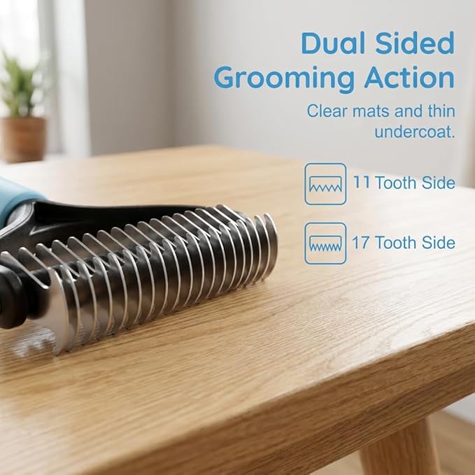 Pet Pro Grooming Tool, Dematting Comb for Dogs and Cats, Undercoat Rake Pet Brush for Long Hair, Deshedding Dog Brush Removes Tangles Knots and Loose Fur (Blue-M)