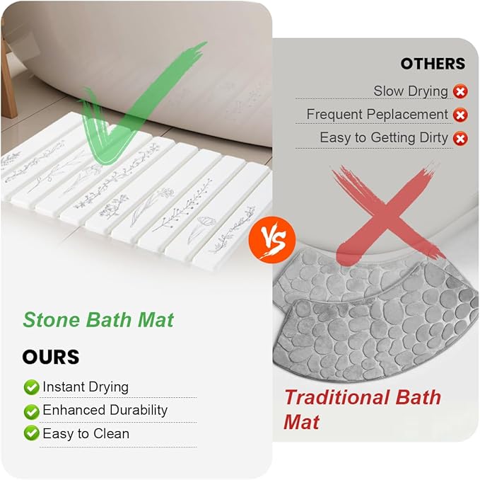 Foldable Stone Bath Mat - 24x16 Inch, Super Absorbent Diatomaceous Earth Large Bath Mats for Bathroom, Quick Dry Non-Slip Stone Drying Mats for Kitchen Counter & Bathtub (Black Floral Decor)