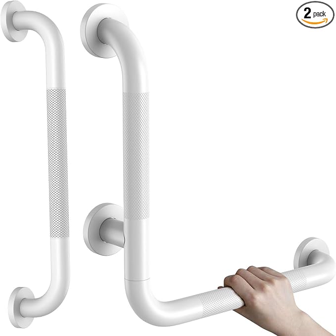 Angled Grab Bar 16x16 Inch White, Knurled L-Shaped Shower Grab Bar w/16 Inch Straight Bathtub Toilet Safety Handrail Wall Mounted, Anti Slip Balance Support Bar for Seniors Elderly Injury Handicap
