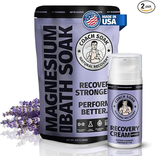 Coach Soak Magnesium Bath Soak & Magnesium Lotion Set - Lavender Scent | Bath Salt (3 lb) & Magnesium Cream (3.4 oz) - Pure Flakes with Natural Recovery Cream for Relaxing Muscle Support & Relief