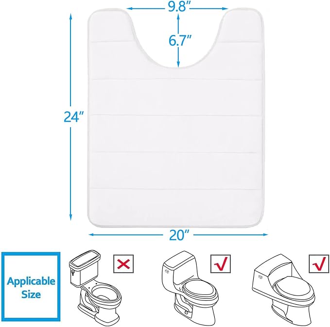 Buganda Memory Foam U-Shaped Contour Toilet Rugs, Absorbent, Thick Soft Washable Bathroom Mat, Floor Carpet Bath Rugs Mat for Toilet Base (24" x 20", White)