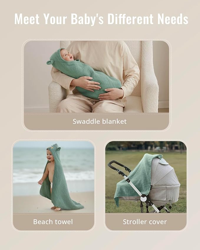 Blissful Diary Muslin Baby Hooded Towel 2 Pack, Soft & Absorbent Bath Towel for Infant, Toddler, Unisex, Baby Gift, Newborn Essentials, Bear & Duck
