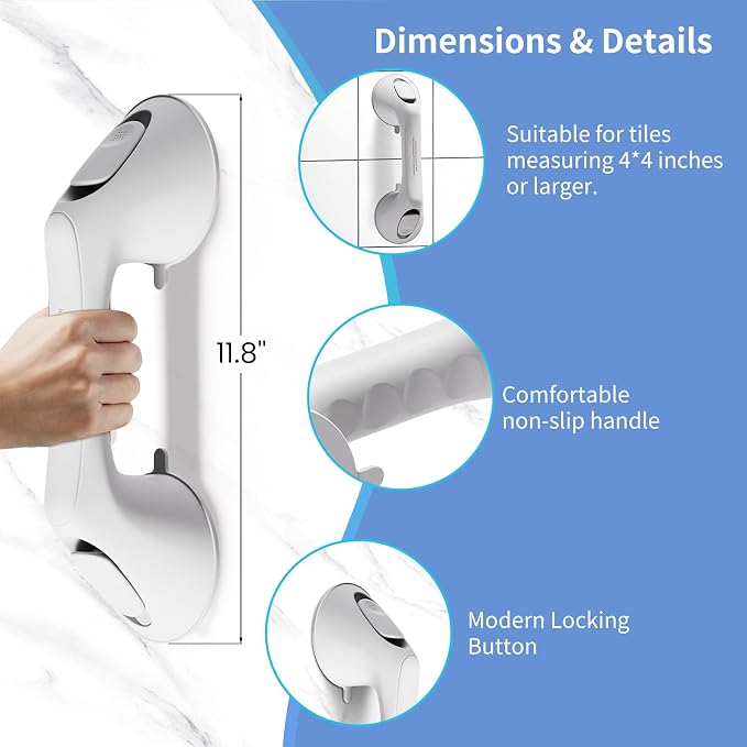 2 Pack 12 Inch Grab Bars for Bathtubs and Showers for Seniors, Heavy Duty Shower Handle for Elderly, Suction Cup Removable Handrails Handicap Bath Grip Bathroom Upgrade Safety Grips (White)