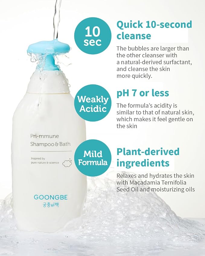GOONGBE Pri-mmune Baby Shampoo & Body Wash for Sensitive Skin & Hair – Korean 2-in-1 Tear-Free Tested Head-to-Toe Cleanser, Sulfate-Free Low pH with Ceramide NP & Royal Oji Complex, Quick Rinse 11.8oz