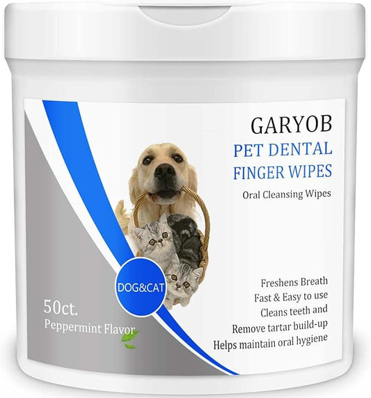 Pet Dental Fingers Wipes, Oral Cleansing Teeth Wipes Pads for Dogs and Cats - Optimize Oral Health, Freshen Breath- 50 Count