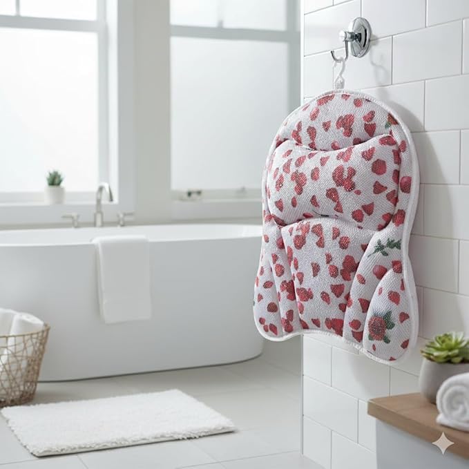 Luxury Bath Pillow for Tub. Air Mesh Fabric, Quick-Dry with Hanging Loop, Head & Neck Support, Gift-Boxed Rose-Petal Design for Women, Mom, Wife, Girlfriend (Red Rose Petals)