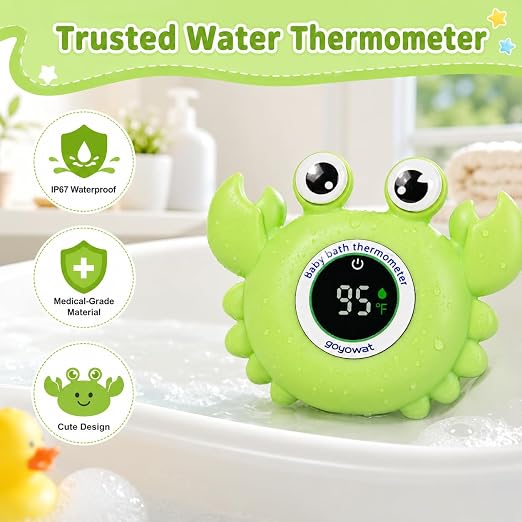 Baby Bathtub Thermometer with LED Display Screen+Green Crab toy-2-in-1 | Color Coded Alarm (Cold/Comfortable/hot) Bath Temperature Monitor, Adorable Floating Toys for Infants, Essential for Babies