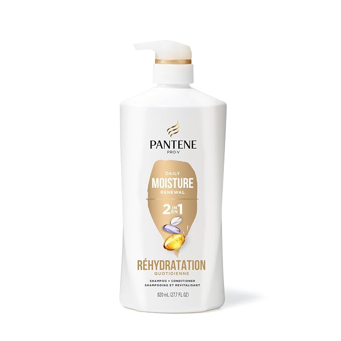 Pantene 2-in-1 Shampoo & Conditioner, Daily Moisture Renewal - Pro-V Nutrients for Dry, Straight to Curly Hair,72-Hour Hydration & Softness, 27.7 Oz Each, + Rescue Shot (0.5 Oz),2 Count (Pack of 2)