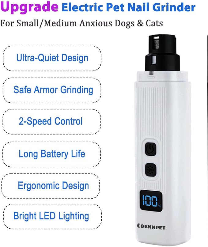 Electric Dog Nail Grinder with 2 Level LED Lights, 2 Speed 30dB Super Quiet and Low Vibration Turbo Charge Pet Nail Grinder for Small Dogs and Cats - White