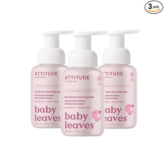 ATTITUDE 2-in-1 Hair and Body Foaming Baby Wash, EWG Verified Shampoo Soap, Dermatologically Tested, Made with Naturally Derived Ingredients, Vegan, Unscented, 10 Fl Oz (Pack of 3)