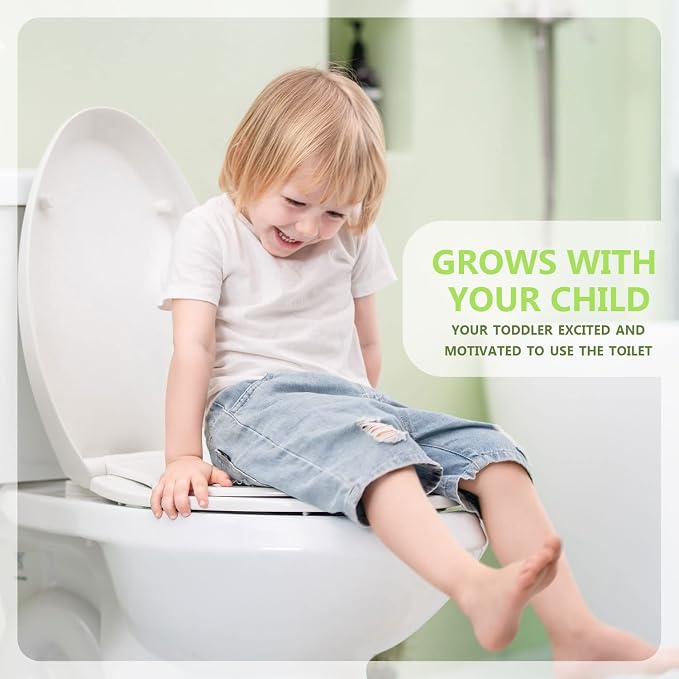 Elongated Toilet Seat with Toddler Seat Built In, Slow Close, Fits both Adult and Child, Potty Training Seat, Magnetic Kids Seat and Cover, Plastic, White