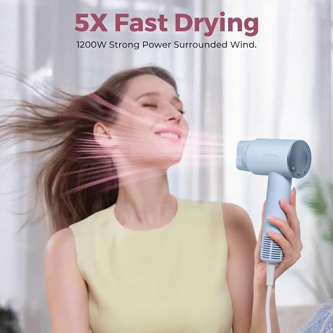 Dual Voltage Hair Dryer for Worldwide Travel, High-Speed Travel Hair Dryer for 5X Faster Drying, 200M Negative Ions, 0.69lb Portable Blow Dryer for Salon Results at Home & Abroad S4AT (Blue Dryer)