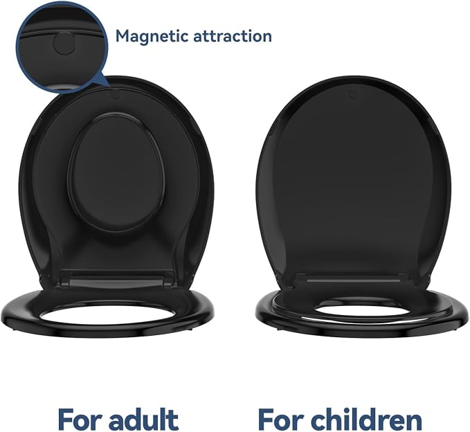 JINGZE Round Toddler Toilet Seat Adult/Child,Built-In Potty Training Seat, Soft Quiet Close Non-Slip Seat,Magnetic Kids Seat and Cover,Black