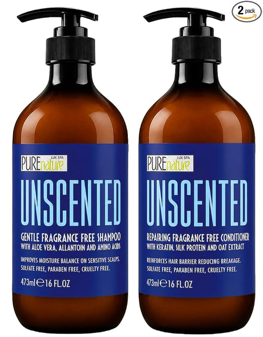 Unscented Shampoo and Conditioner Set - Fragrance Free, Sulfate Free, Paraben Free - Moisturizing Hair and Scalp Care - Hydrating Salon Formula for Women and Men - 16 Fl Oz (Set of 2)