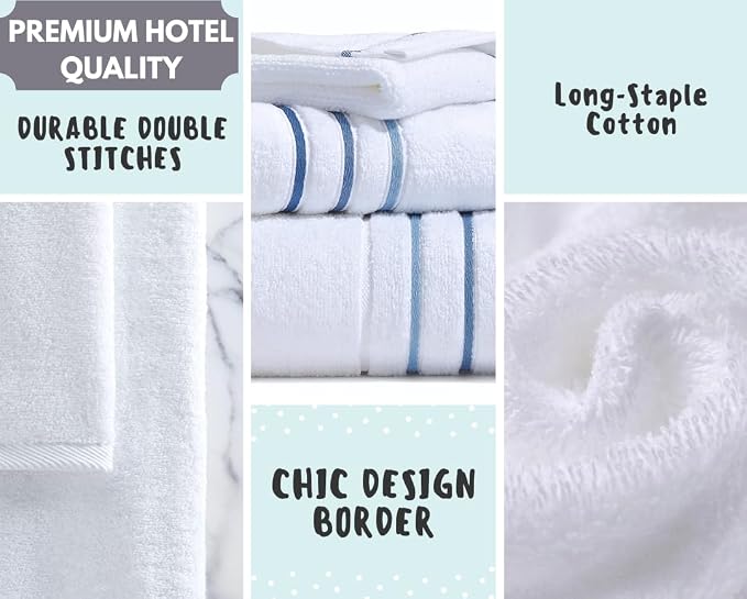 Bath Towels Set for Bathroom – Luxury 6-Piece Cotton Towels, Soft Absorbent & Quick Dry, 600 GSM Bath Towels for Bathroom, Hotel Spa Quality (2 Bath, 2 Hand, 2 Washcloths, White Blue Azure Stripe)