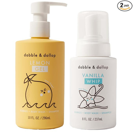 Dabble & Dollop Lemon + Vanilla Kids 3-in-1 Body Wash, Shampoo & Bubble Bath Bundle – Gel + Foam Whip Set, Tear-Free, Gentle, Natural-Origin, Hypoallergenic and Safe for Sensitive Skin (Pack of 2)