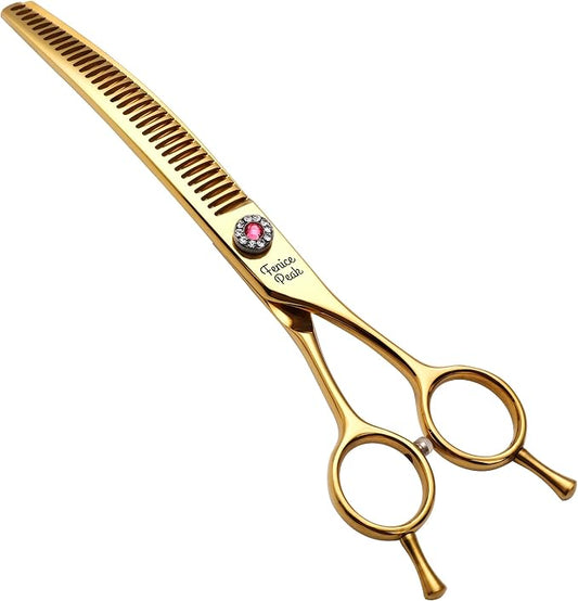 Professional Dog Grooming Scissors Pet Curved Chunker Shears 7.0'' Extremely Sharp Blades 440C Steel Thinning Scissors Durable Smooth Motion & Fine Cut for Dogs and Cats(Gold)