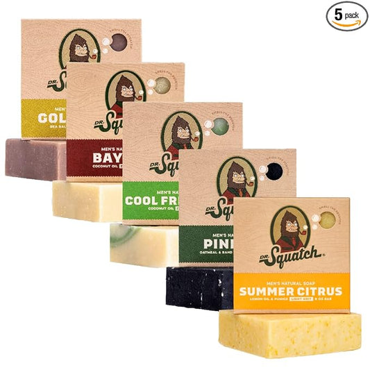 Dr. Squatch Natural Men’s Bar Soap - Cold Process Body Soap Bar with Natural Oils - Gifts for Men - Summer Citrus, Cool Fresh Aloe, Gold Moss, Bay Rum & Pine Tar (5 oz, 5-Pack)